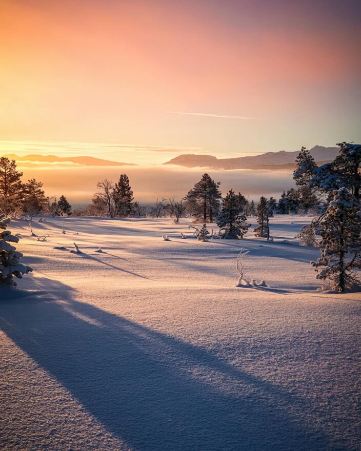 snowy field near trees under golden hour