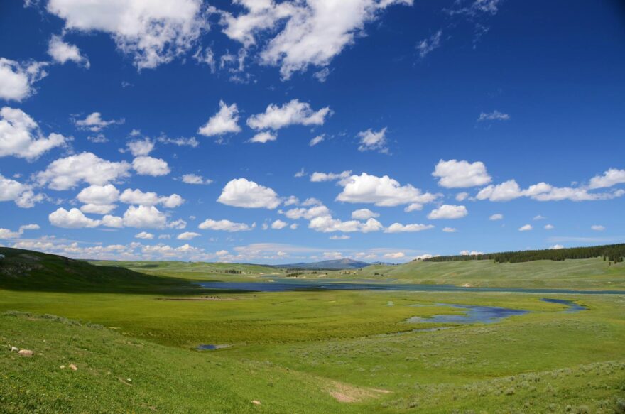 green fields under blue cloudy sky